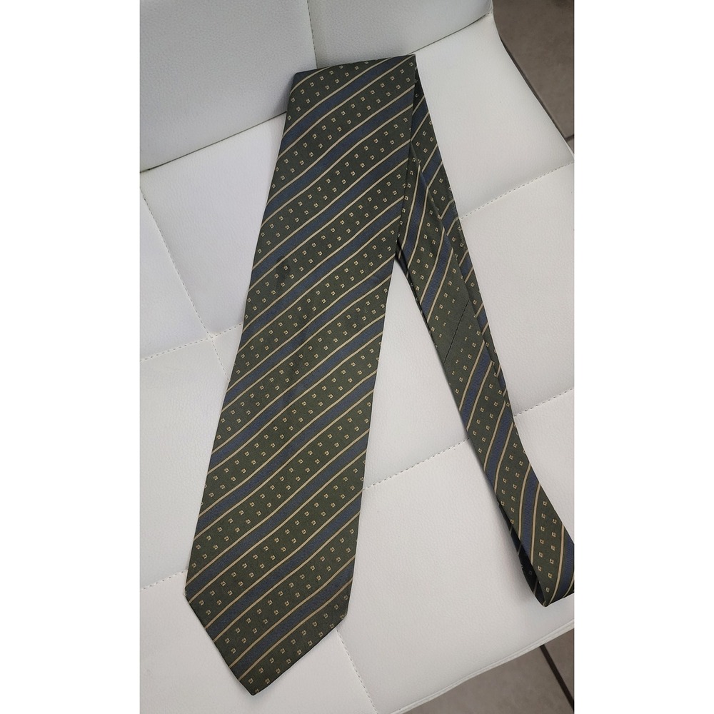 Giorgio Armani Cravatte Silk Tie Mens Olive Green Blue Tan Striped Made in Italy